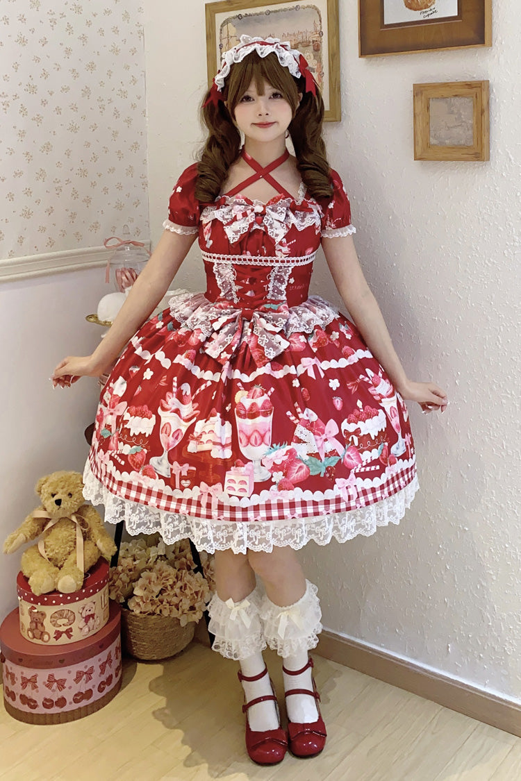 Gothic Lolita Dress - Strawberry Parfait, Red, Bow Detail, Lace Trim, Ruffled - additional product view 10