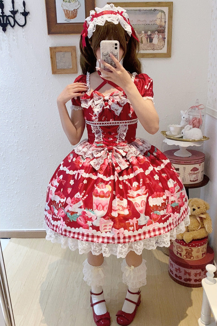 Gothic Lolita Dress - Strawberry Parfait, Red, Bow Detail, Lace Trim, Ruffled - additional product view 11
