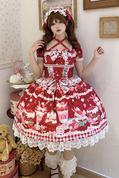 Gothic Lolita Dress - Strawberry Parfait, Red, Bow Detail, Lace Trim, Ruffled - main product image