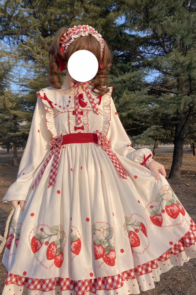 Gothic Lolita Dress - Strawberry Print, White, Bow Detail, Ruffled, Printed - additional product view 2