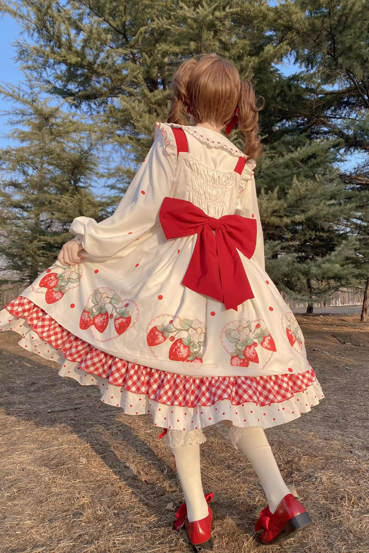 Gothic Lolita Dress - Strawberry Print, White, Bow Detail, Ruffled, Printed - additional product view 3