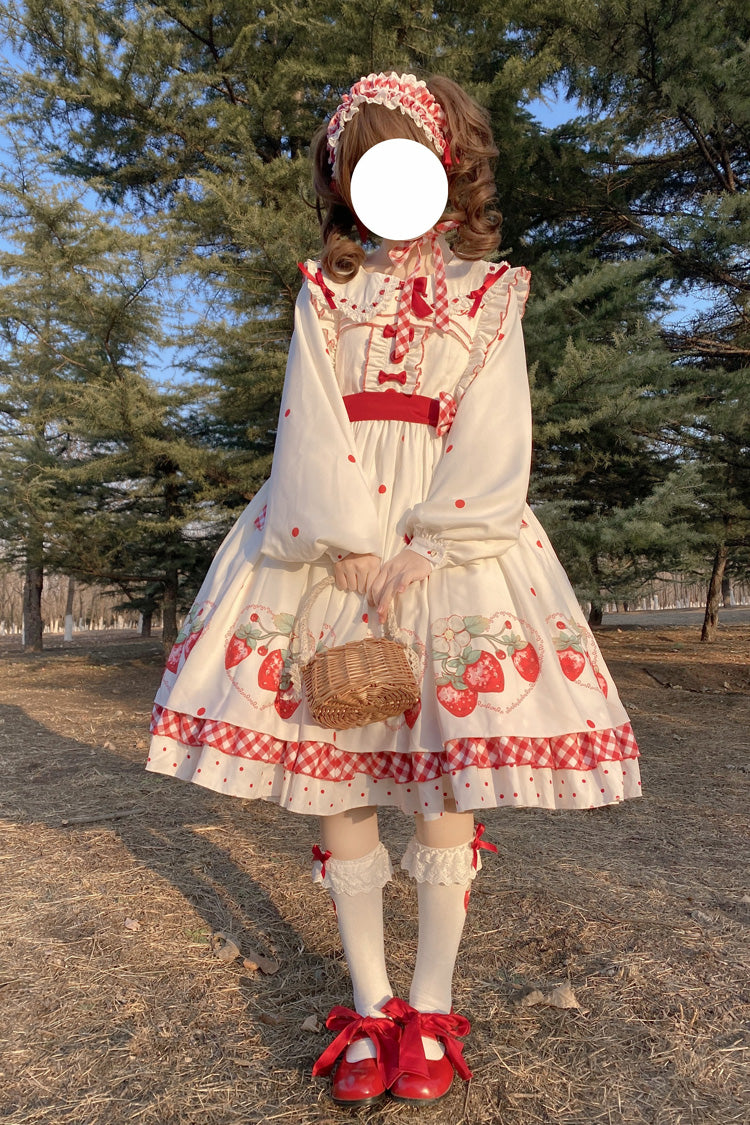 Gothic Lolita Dress - Strawberry Print, White, Bow Detail, Ruffled, Printed - additional product view 4