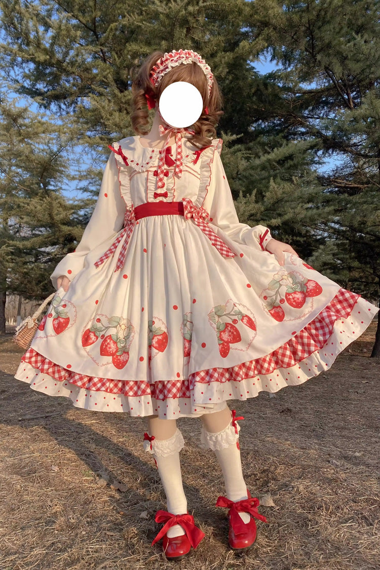 Gothic Lolita Dress - Strawberry Print, White, Bow Detail, Ruffled, Printed - additional product view 5