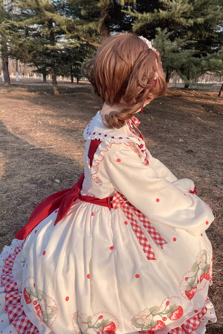 Gothic Lolita Dress - Strawberry Print, White, Bow Detail, Ruffled, Printed - additional product view 6