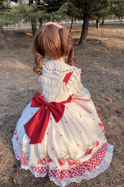 Gothic Lolita Dress - Strawberry Print, White, Bow Detail, Ruffled, Printed - additional product view 7