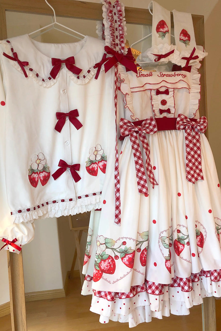 Gothic Lolita Dress - Strawberry Print, White, Bow Detail, Ruffled, Printed - additional product view 8
