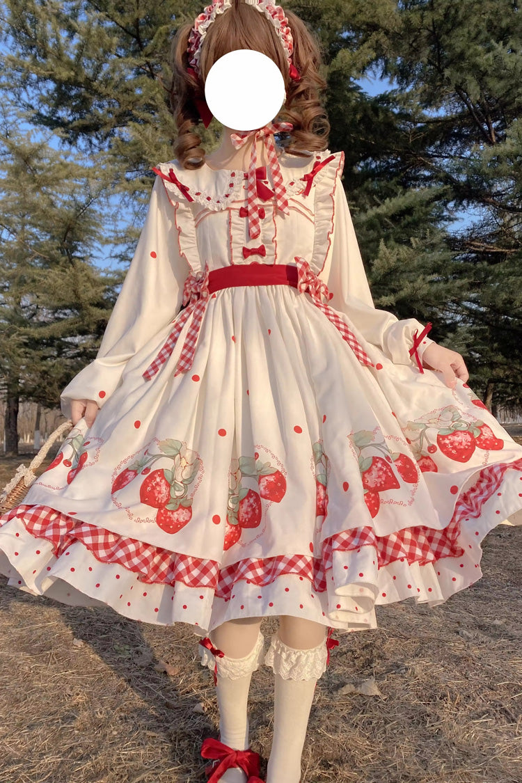 Gothic Lolita Dress - Strawberry Print, White, Bow Detail, Ruffled, Printed - main product image