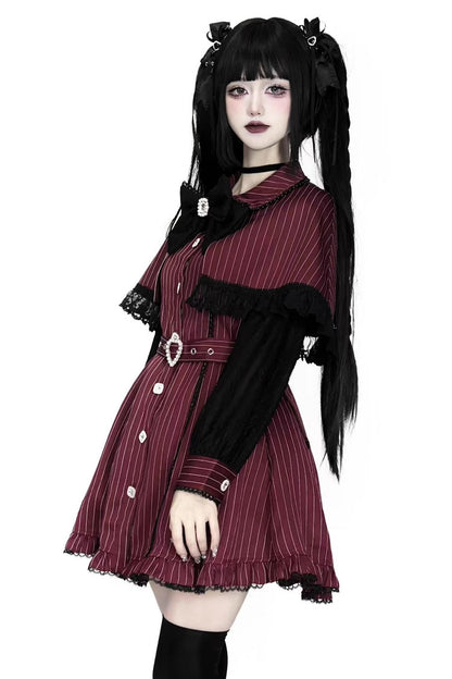 Gothic Lolita Dress - Stripe Print Removable Ruffle, Red, Striped, Lace Trim, Ruffled - additional product view 2