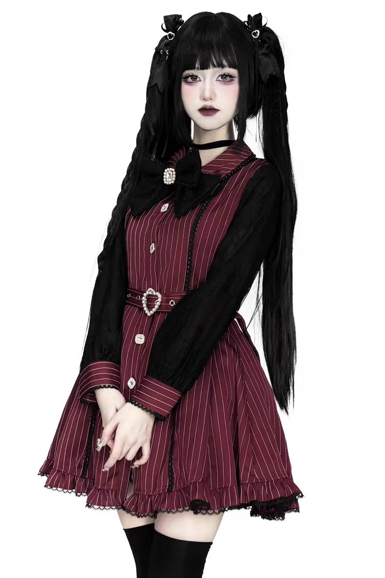 Gothic Lolita Dress - Stripe Print Removable Ruffle, Red, Striped, Lace Trim, Ruffled - additional product view 3