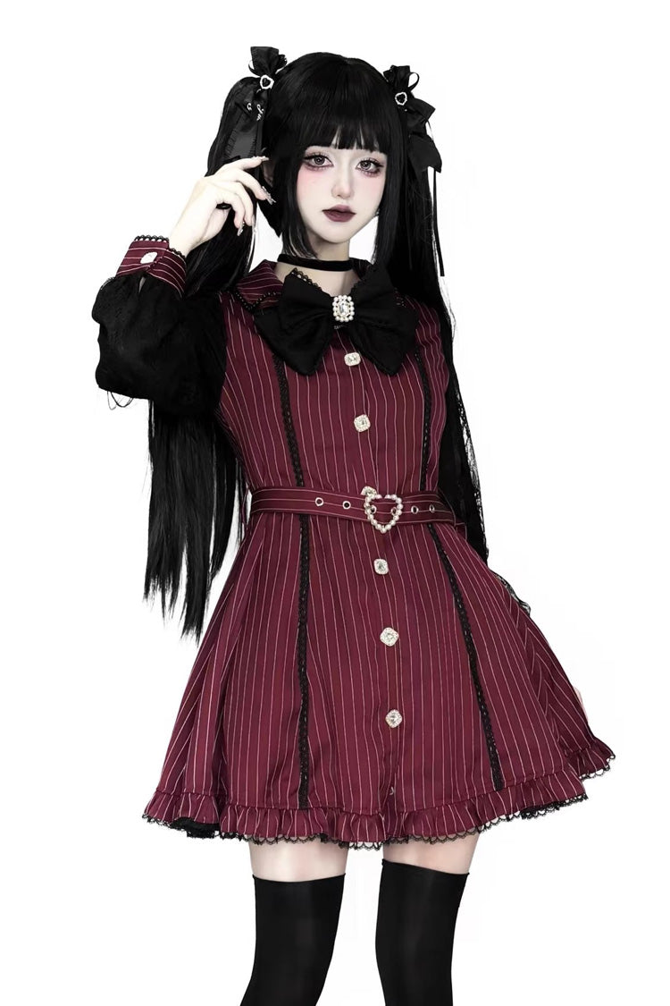 Gothic Lolita Dress - Stripe Print Removable Ruffle, Red, Striped, Lace Trim, Ruffled - additional product view 4