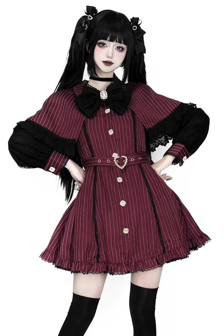 Gothic Lolita Dress - Stripe Print Removable Ruffle, Red, Striped, Lace Trim, Ruffled - main product image