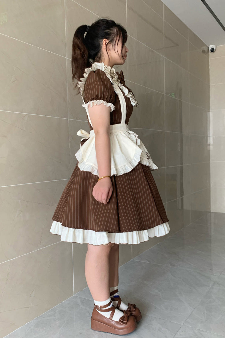 Gothic Lolita Dress - Stripe Print Ruffle Bowknot, Brown, Striped, Plus Size, Printed - additional product view 2