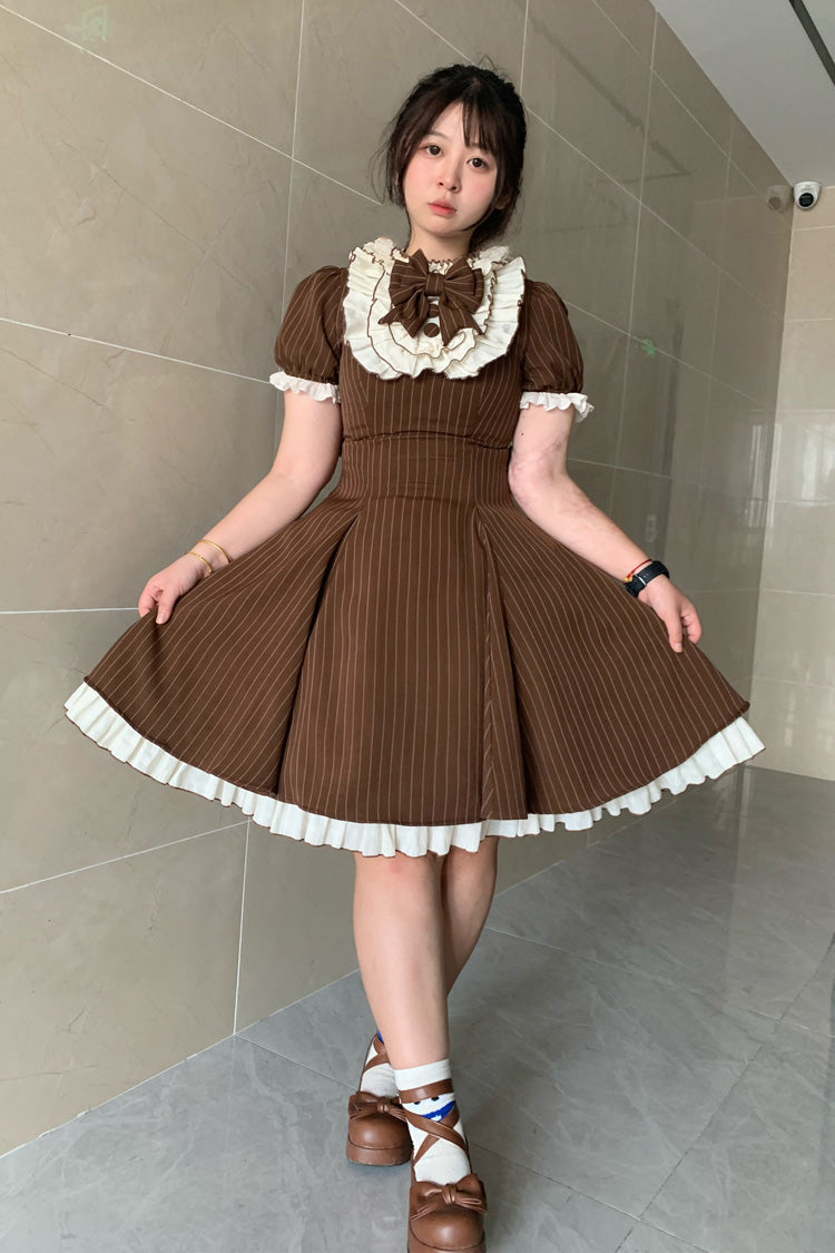 Gothic Lolita Dress - Stripe Print Ruffle Bowknot, Brown, Striped, Plus Size, Printed - additional product view 3