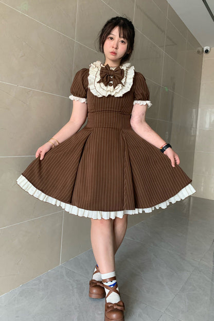 Gothic Lolita Dress - Stripe Print Ruffle Bowknot, Brown, Striped, Plus Size, Printed - additional product view 3