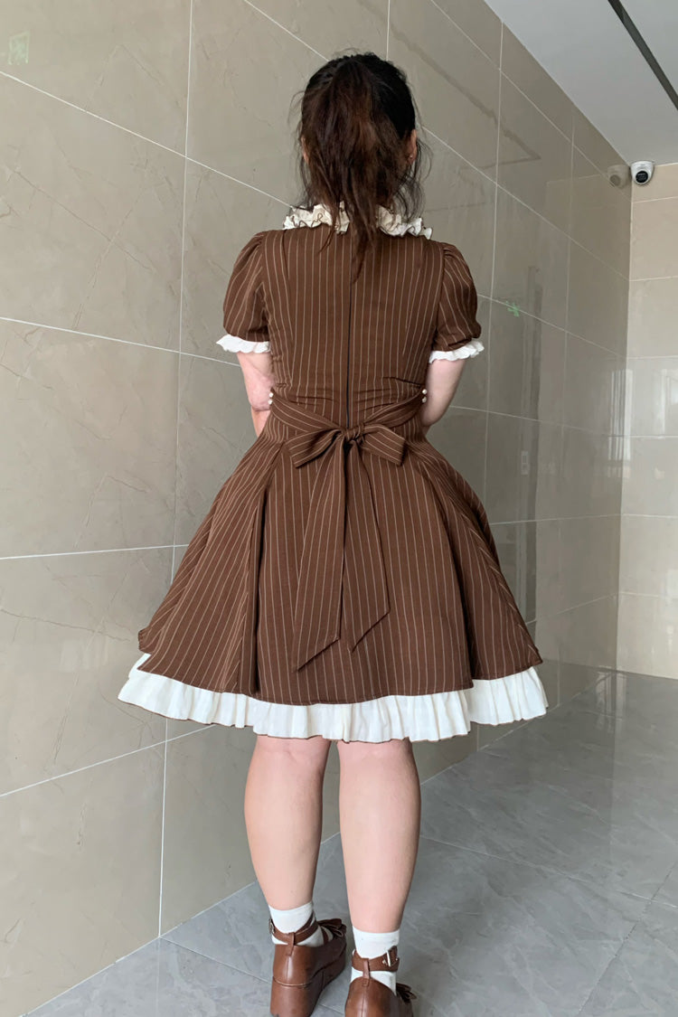 Gothic Lolita Dress - Stripe Print Ruffle Bowknot, Brown, Striped, Plus Size, Printed - additional product view 4