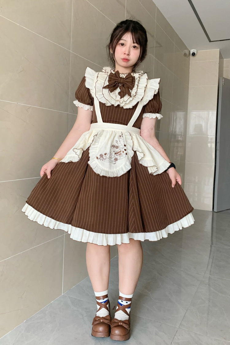 Gothic Lolita Dress - Stripe Print Ruffle Bowknot, Brown, Striped, Plus Size, Printed - main product image