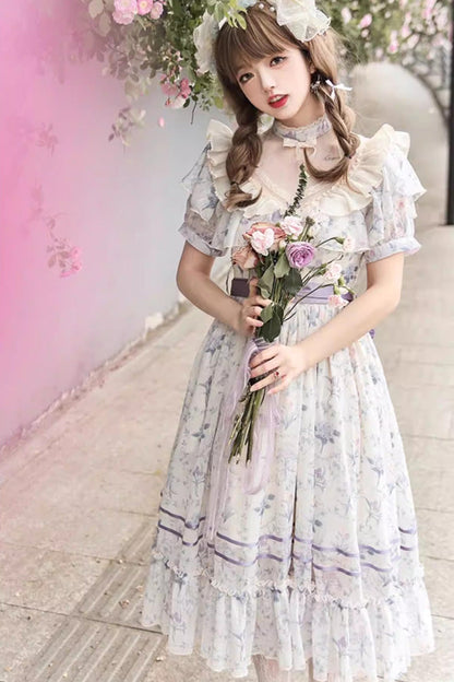 Gothic Lolita Dress - Summer Flower Wall, Purple, Bow Detail, Lace Trim, Ruffled - additional product view 3