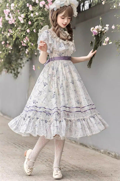 Gothic Lolita Dress - Summer Flower Wall, Purple, Bow Detail, Lace Trim, Ruffled - additional product view 4