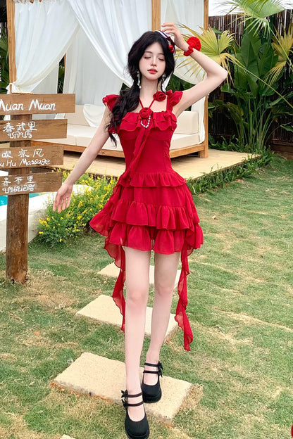 Gothic Lolita Dress - Summer Seaside, Red, Sweet Style, Bow Detail, Ruffled - additional product view 3