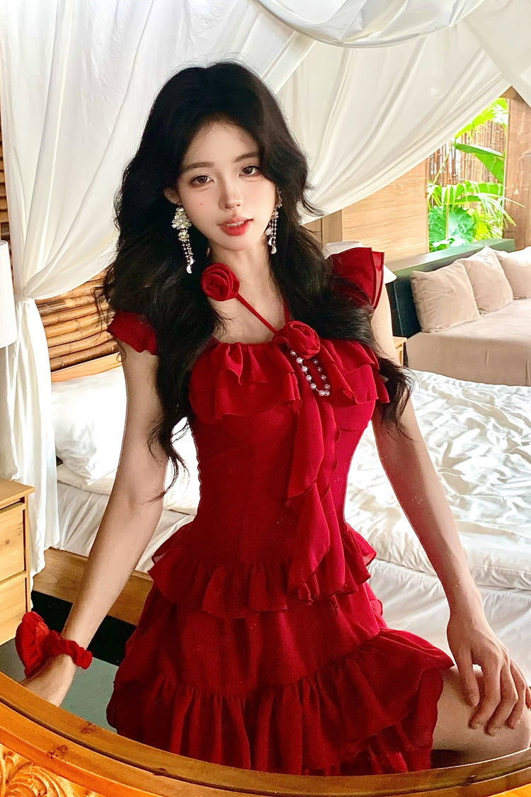 Gothic Lolita Dress - Summer Seaside, Red, Sweet Style, Bow Detail, Ruffled - additional product view 4