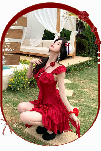 Gothic Lolita Dress - Summer Seaside, Red, Sweet Style, Bow Detail, Ruffled - additional product view 7