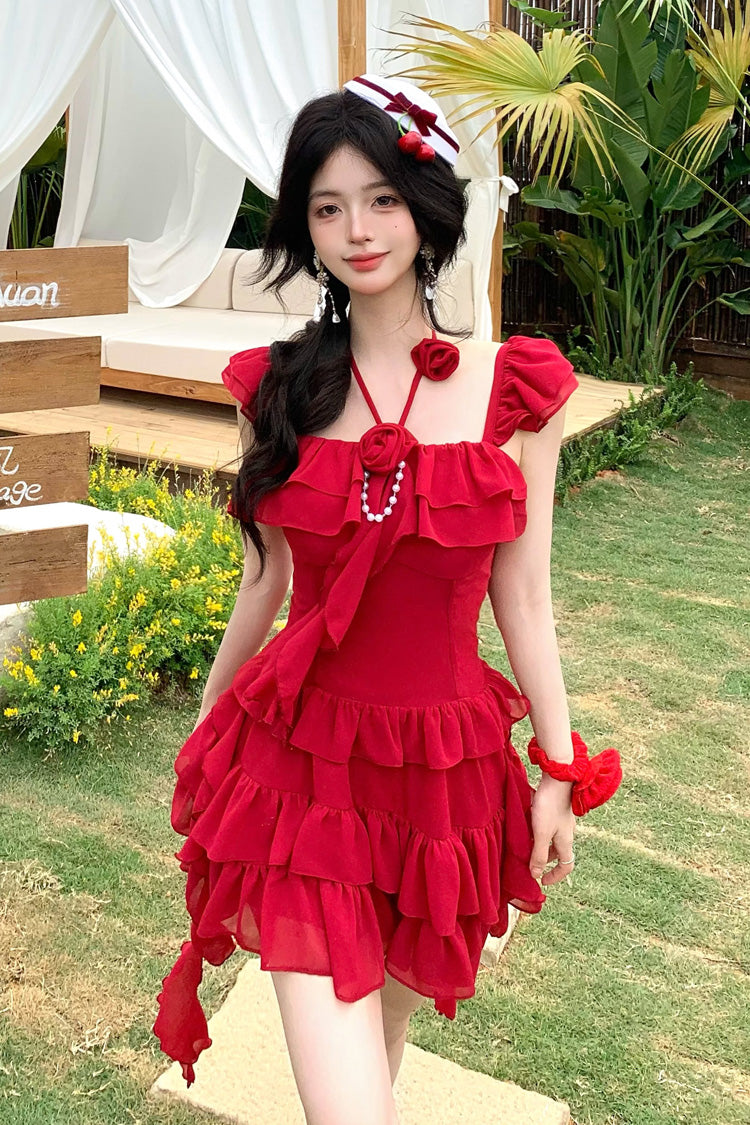 Gothic Lolita Dress - Summer Seaside, Red, Sweet Style, Bow Detail, Ruffled - main product image