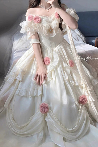 Gothic Lolita Dress - Tana Manor Rose Flower, Ivory, Ruffled, Long Sleeves, Sweet Style - additional product view 3