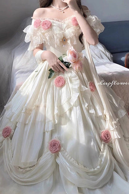 Gothic Lolita Dress - Tana Manor Rose Flower, Ivory, Ruffled, Long Sleeves, Sweet Style - main product image