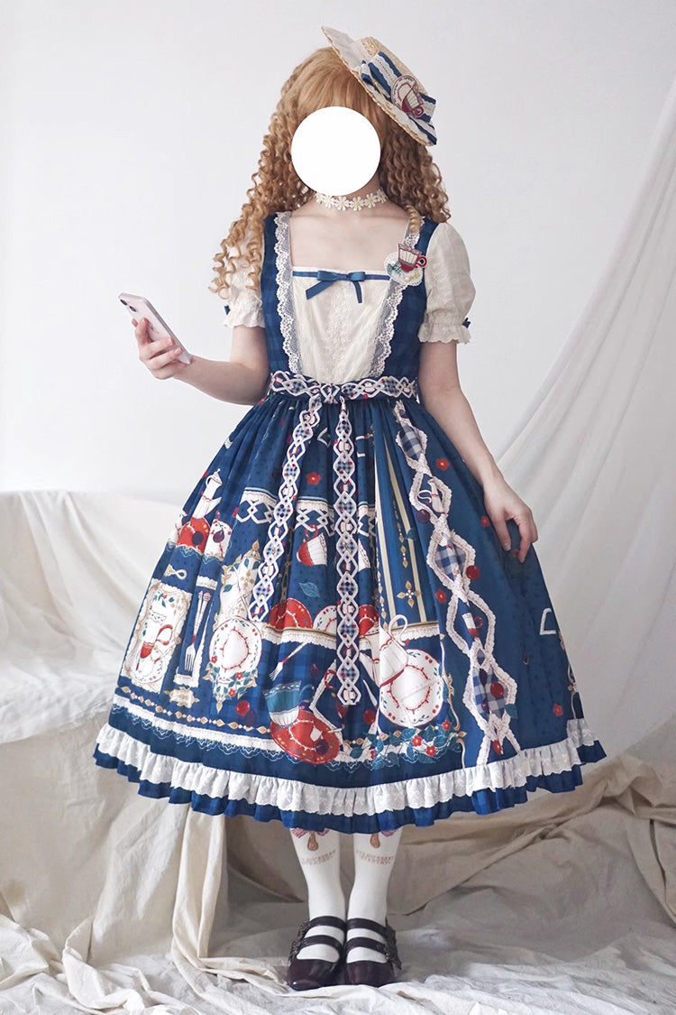 Gothic Lolita Dress - Tea Party, Blue, Printed, Sweet Style, Bow Detail - additional product view 6