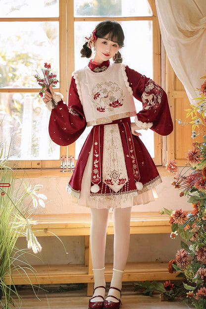 Gothic Lolita Dress - The Horse Of The New Spring, Red, Stand Collar, High Waist - additional product view 2