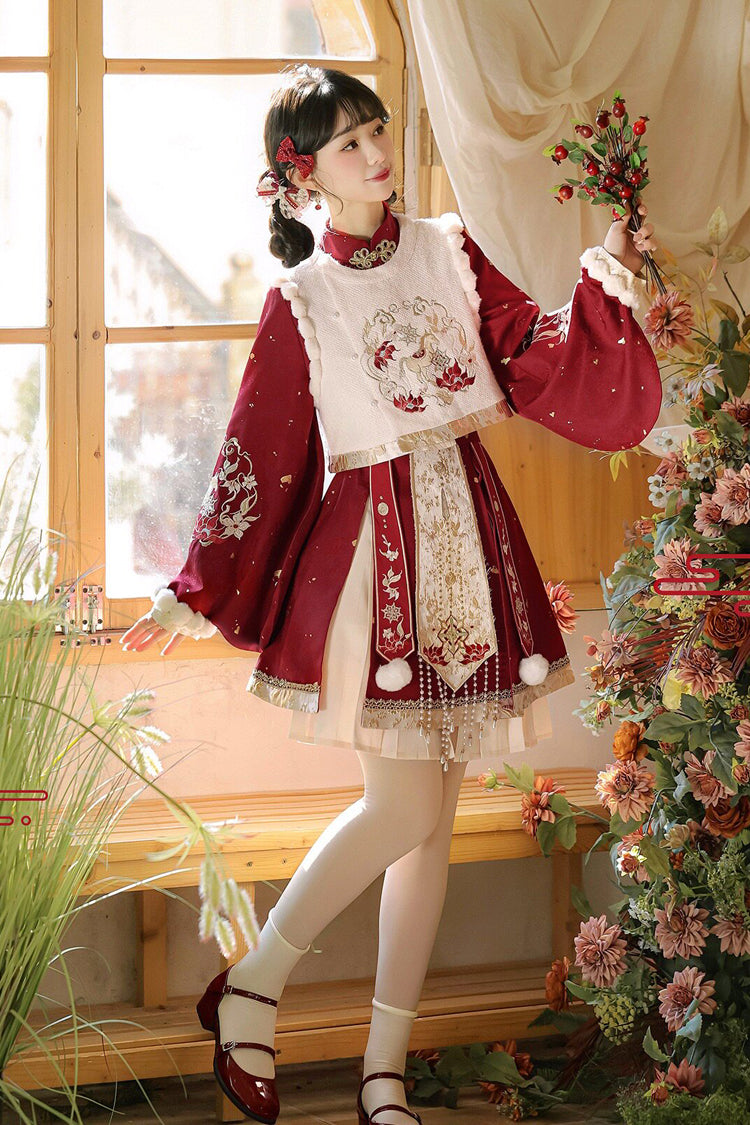 Gothic Lolita Dress - The Horse Of The New Spring, Red, Stand Collar, High Waist - additional product view 3
