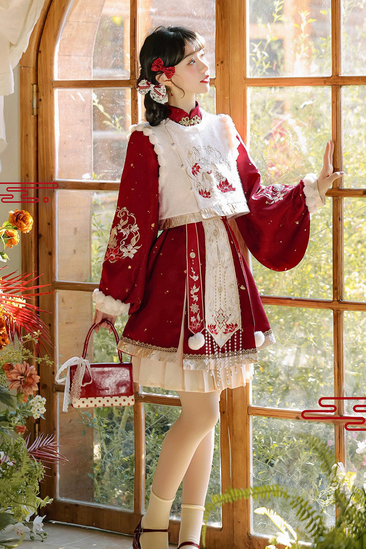 Gothic Lolita Dress - The Horse Of The New Spring, Red, Stand Collar, High Waist - additional product view 4