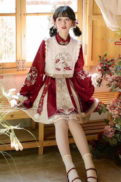 Gothic Lolita Dress - The Horse Of The New Spring, Red, Stand Collar, High Waist - additional product view 5