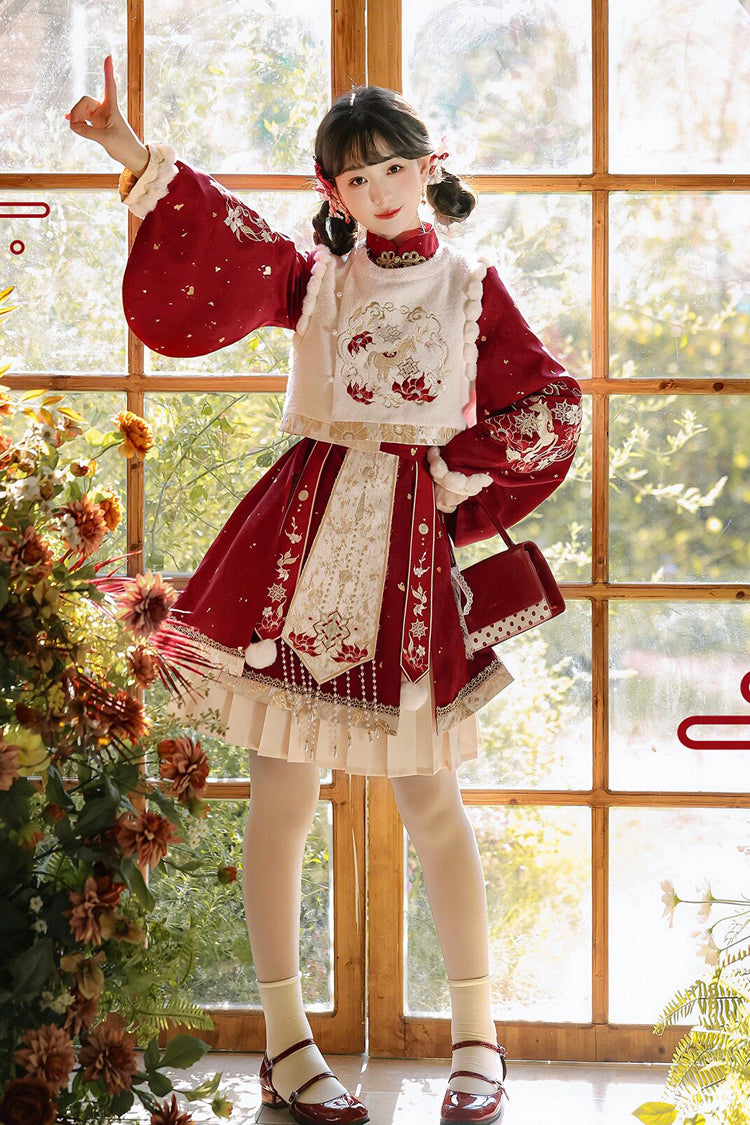 Gothic Lolita Dress - The Horse Of The New Spring, Red, Stand Collar, High Waist - main product image