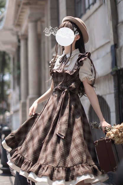 Gothic Lolita Dress - The Thames At Dusk, Brown, Ruffled, Printed, Bow Detail - additional product view 4