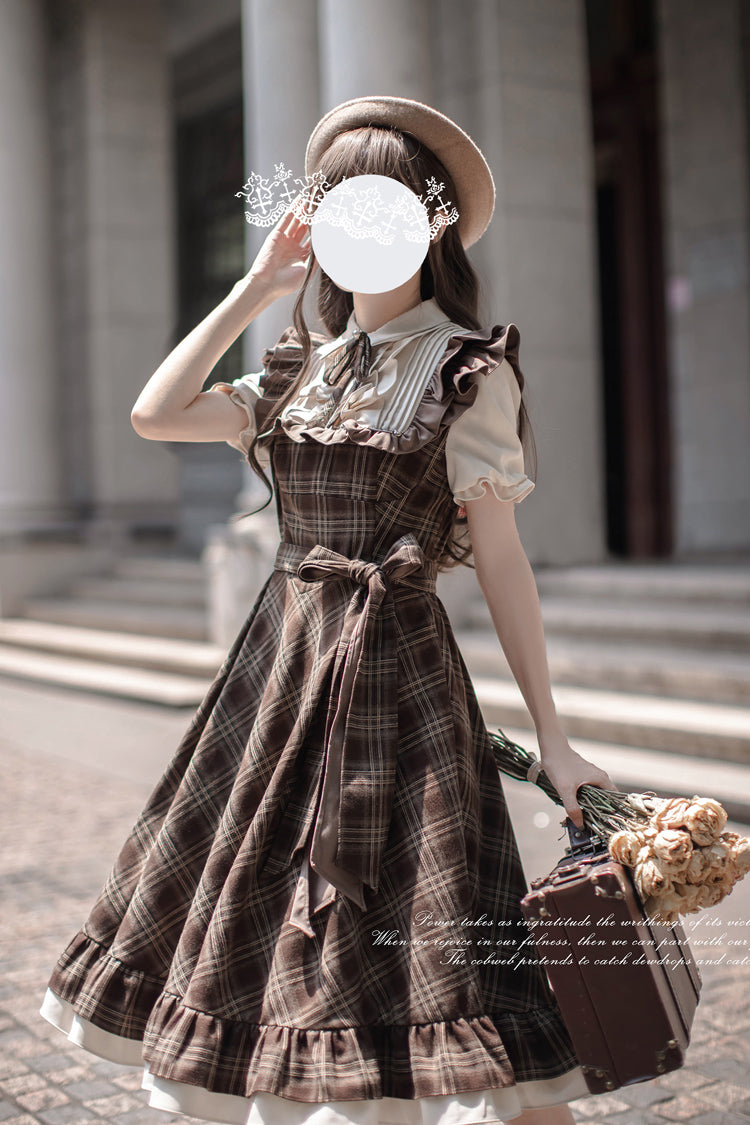 Gothic Lolita Dress - The Thames At Dusk, Brown, Ruffled, Printed, Bow Detail - additional product view 6