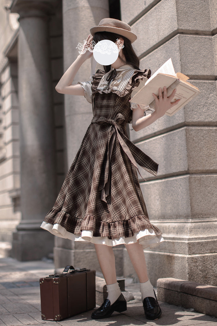Gothic Lolita Dress - The Thames At Dusk, Brown, Ruffled, Printed, Bow Detail - additional product view 7