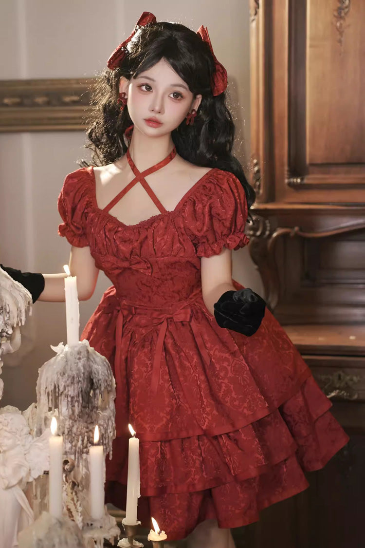 Gothic Lolita Dress - Thorn Rose, Red, Bow Detail, Ruffled - Kawaii Statement Dress - additional product view 2