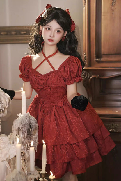 Gothic Lolita Dress - Thorn Rose, Red, Bow Detail, Ruffled - Kawaii Statement Dress - additional product view 2