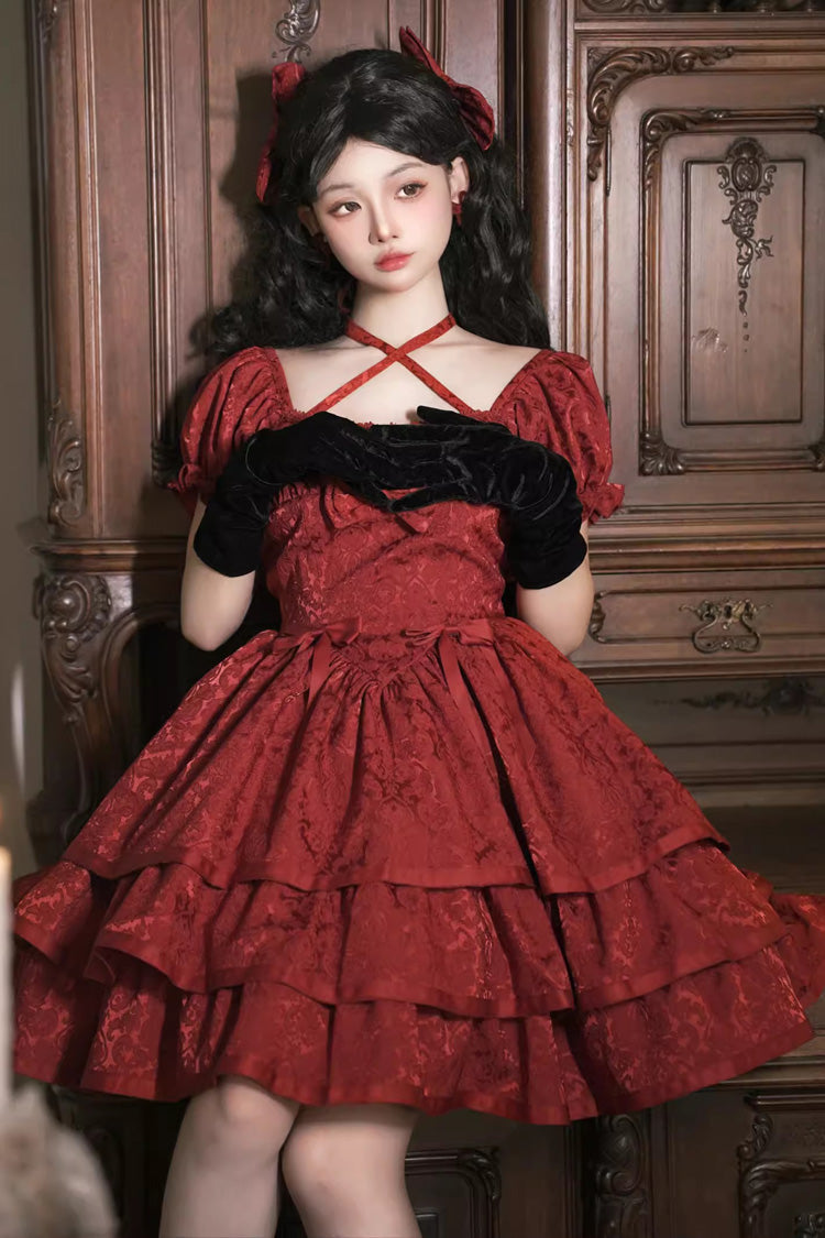Gothic Lolita Dress - Thorn Rose, Red, Bow Detail, Ruffled - Kawaii Statement Dress - additional product view 3