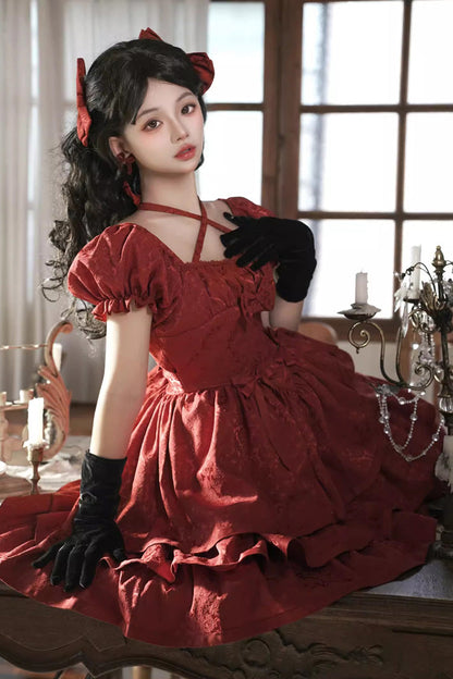 Gothic Lolita Dress - Thorn Rose, Red, Bow Detail, Ruffled - Kawaii Statement Dress - additional product view 4