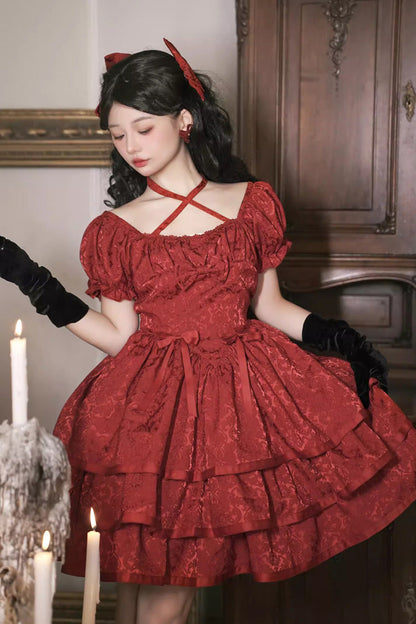 Gothic Lolita Dress - Thorn Rose, Red, Bow Detail, Ruffled - Kawaii Statement Dress - additional product view 5