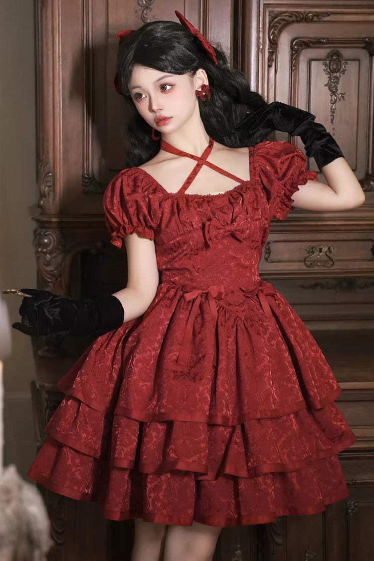 Gothic Lolita Dress - Thorn Rose, Red, Bow Detail, Ruffled - Kawaii Statement Dress - main product image