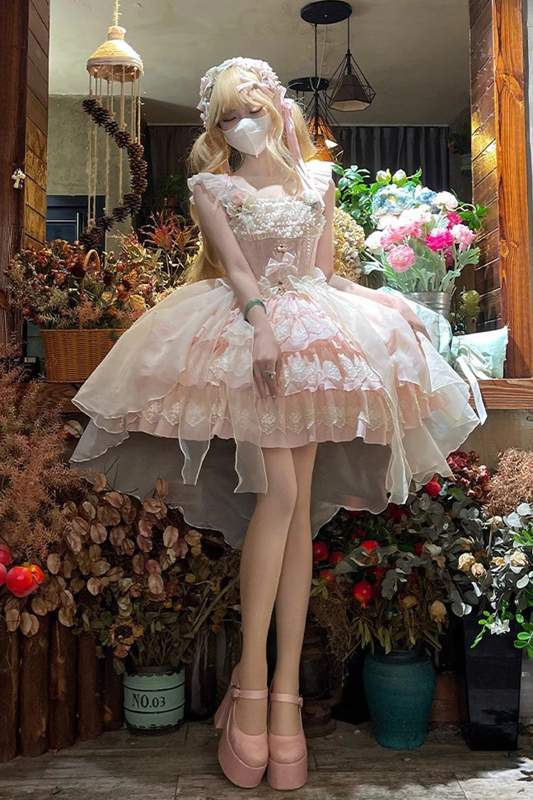 Gothic Lolita Dress - Triple-layered Ruffle Bowknot, 2 Colors, Bow Detail, Lace Trim - S Pink / M Pink / L Pink option