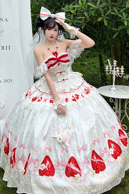 Gothic Lolita Dress - True Love Strawberry, White, Ruffled, Printed, Sweet Style - main product image