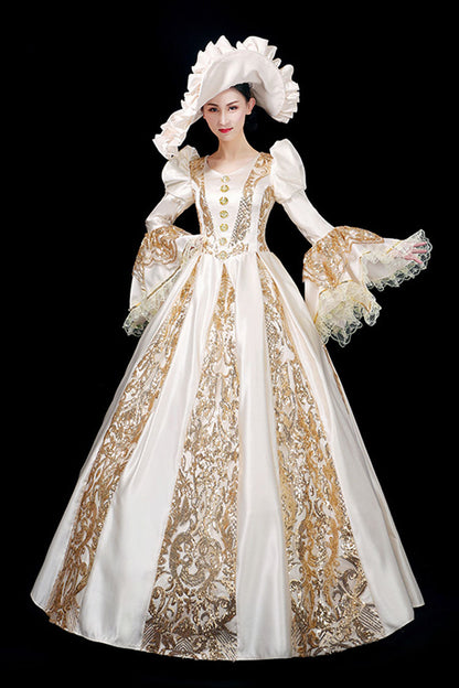 Gothic Lolita Dress - Trumpet Sleeves, Gold, Long Sleeves, Victorian Style, Printed - additional product view 3
