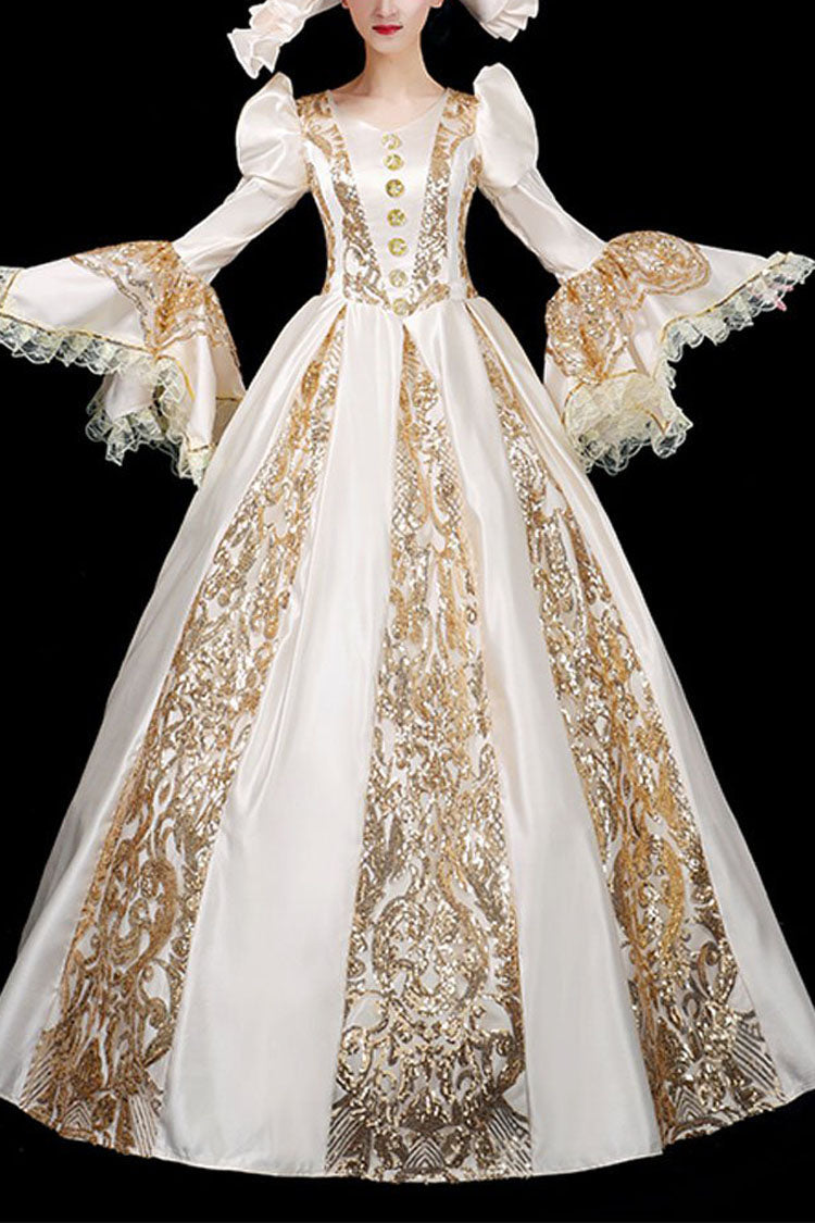 Gothic Lolita Dress - Trumpet Sleeves, Gold, Long Sleeves, Victorian Style, Printed - main product image