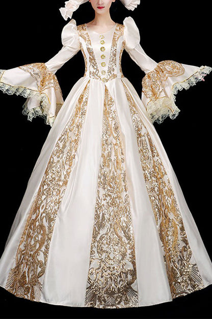 Gothic Lolita Dress - Trumpet Sleeves, Gold, Long Sleeves, Victorian Style, Printed - main product image