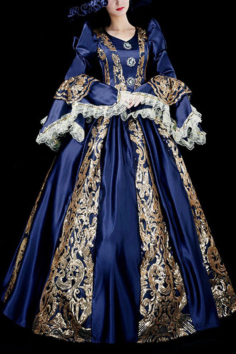 Gothic Lolita Dress - Trumpet Sleeves, Gold, Long Sleeves, Victorian Style, Printed - S Blue / M Blue / L Blue option
