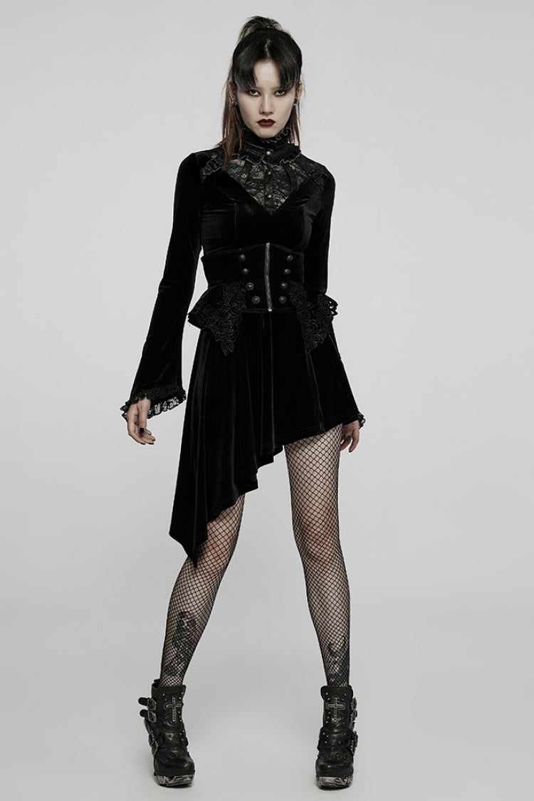 Gothic Lolita Dress - Trumpet Stitching Lace Irregular, 2 Colors, Stand Collar, Lace Trim - additional product view 4